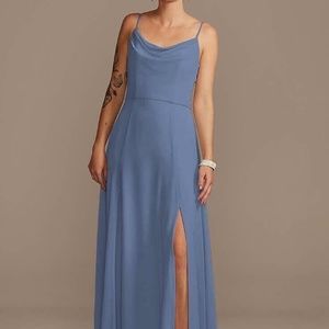 David’s Bridal, steel blue, chiffon dress, size 6 cowl neck, spaghetti